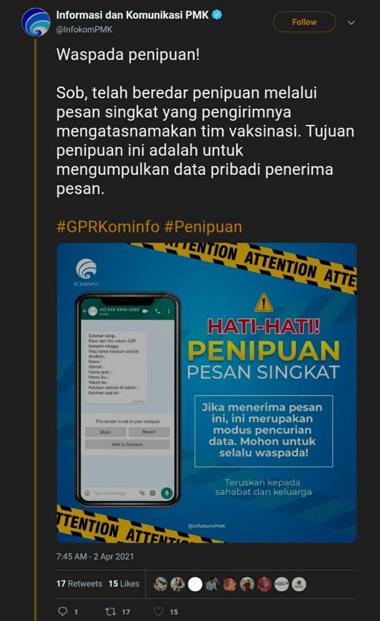 AWAS BERITA HOAX : Pesan Berantai Tim Vaksinasi GSP Meminta Data Pribadi