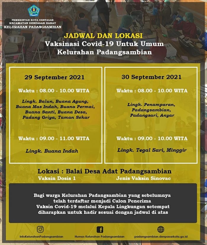 Informasi - Jadwal Dan Lokasi Vaksinasi Covid-19 Umum di Kelurahan Padangsambian September 2021